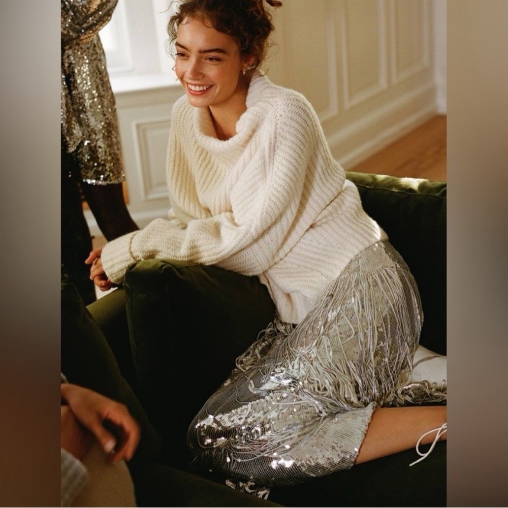 Anthropologie Maeve Tatiana Silver Sequin Fringe Skirt Size 2 - Picture 5 of 11